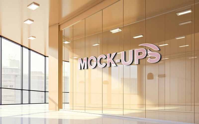 Premium interior office logo mockup indoor glass wall Product Mockup