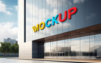 Realistic building front sign colorful 3d logo mockup psd yellow blue red color 3d mockup