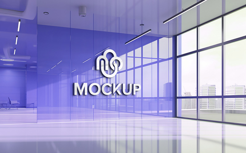 Blue glass wall psd logo mockup Office glass wall logo mockup Product Mockup