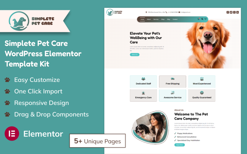 Simplete Pet Care WordPress Elementor Template Kit Elementor Kit