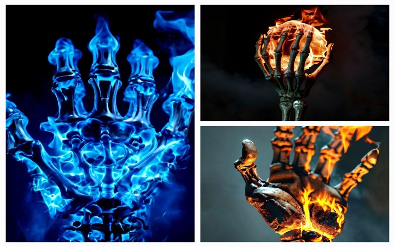 Collection Of 3 Skeleton Hand With Fire Surrounding Illustration Template