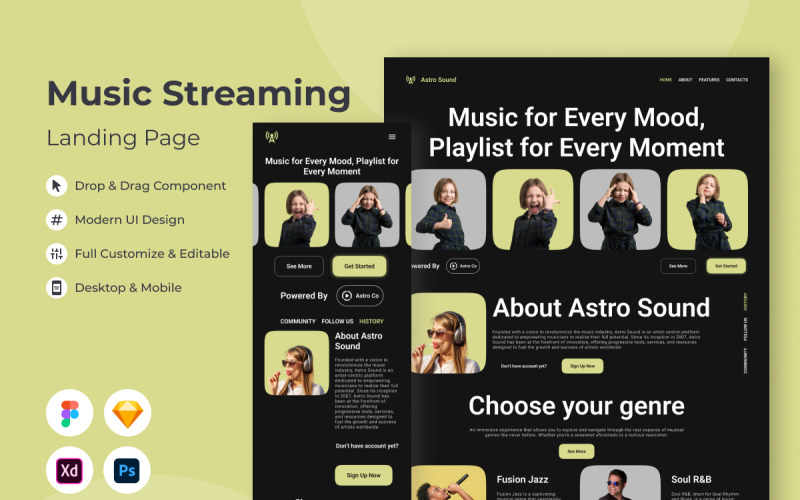 Astro Sound - Music Streaming Landing Page V1 UI Element