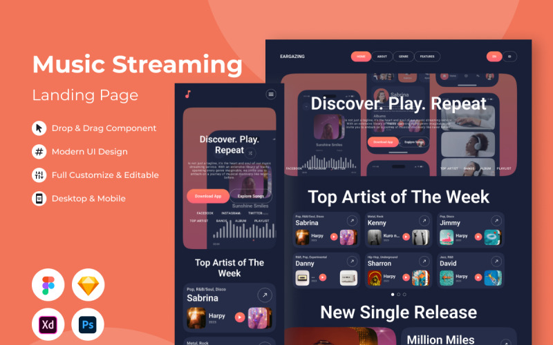EarGazing - Music Streaming Landing Page V2 UI Element