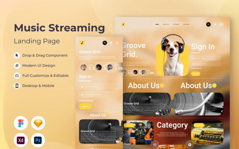 Groove Grid - Music Streaming Landing Page UI Element