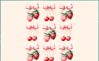 Cherry Bow PNG, Strawberry Design, Pink Bow Coquette Aesthetic, Sublimation PNG for Soft Girl