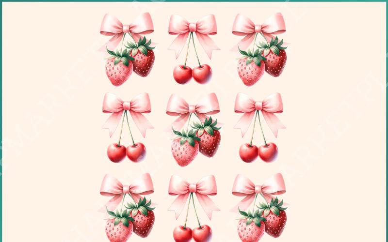 Cherry Bow PNG, Strawberry Design, Pink Bow Coquette Aesthetic, Sublimation PNG for Soft Girl Illustration