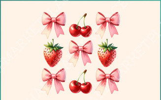 Coquette Cherry Bow PNG, Strawberry PNG Bundle - Coquette Pink Bows & Fruits Design, Soft Girl