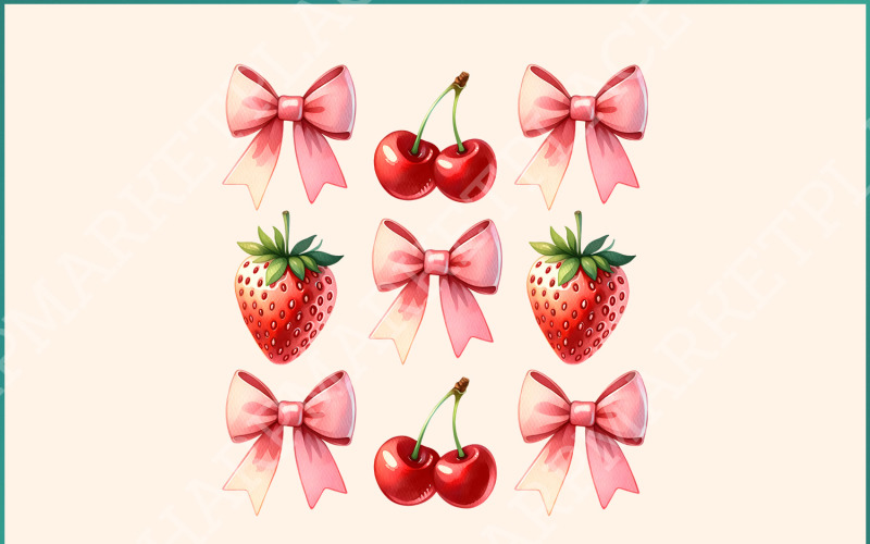 Coquette Cherry Bow PNG, Strawberry PNG Bundle - Coquette Pink Bows & Fruits Design, Soft Girl Illustration