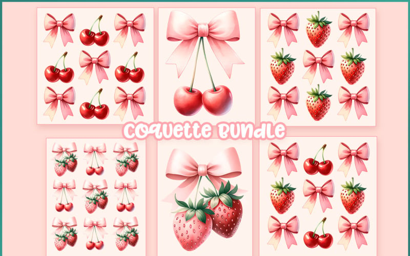 Coquette Mega Bundle Pink Bow & Strawberry PNG Bundle: Cottagecore Aesthetic, Preppy Sublimation Illustration