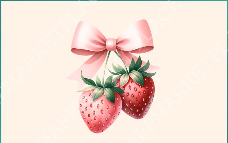 Coquette Strawberry Pink Bow PNG, Aesthetic Sublimation Design, Cottagecore Preppy PNG, Gift for Illustration