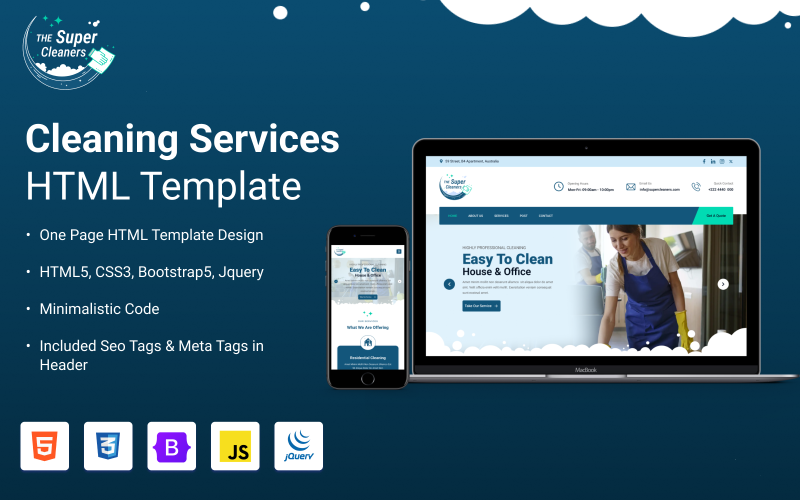The Super Cleaners - A Multipurpose Responsive HTML One-Page Website Template Landing Page Template