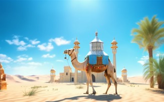 Camel on desert with mosque and palm tree sunny day 02