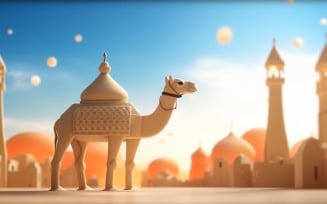 Camel on desert with mosque and palm tree sunny day 03