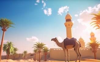 Camel on desert with mosque and palm tree sunny day 06
