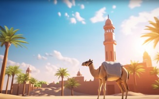 Camel on desert with mosque and palm tree sunny day 07