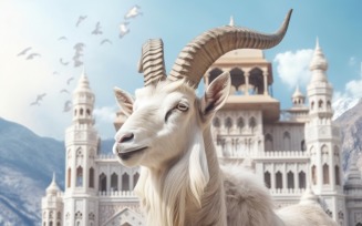 A goat in front of a Islamic mosque and mountains background 01