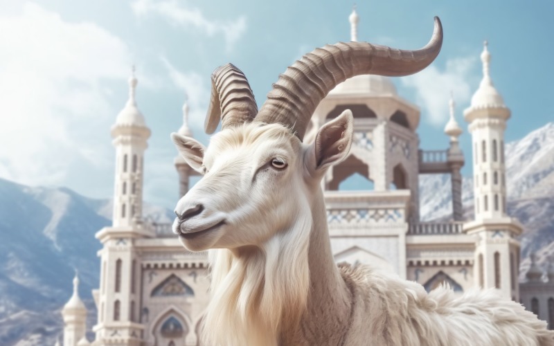 A goat in front of a Islamic mosque and mountains background 02 Illustration
