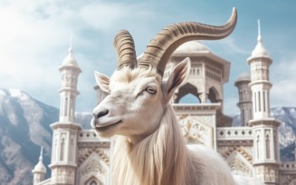 A goat in front of a Islamic mosque and mountains background 03