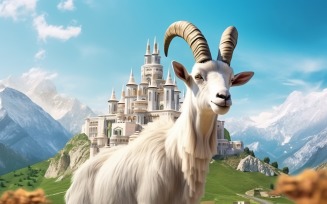 A goat in front of a Islamic mosque and mountains background 04
