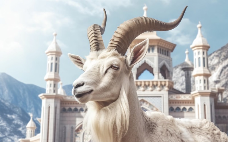 A goat in front of a Islamic mosque and mountains background 05 Illustration
