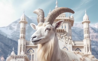 A goat in front of a Islamic mosque and mountains background 06