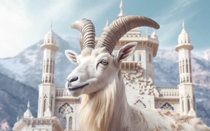 A goat in front of a Islamic mosque and mountains background 06 Illustration