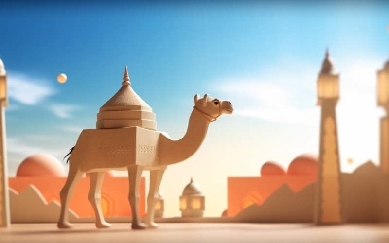 Camel on desert with mosque and palm tree sunny day 15 Illustration