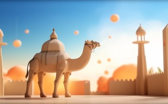 Camel on desert with mosque and palm tree sunny day 16