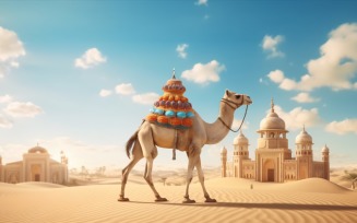Camel on desert with mosque and palm tree sunny day 18