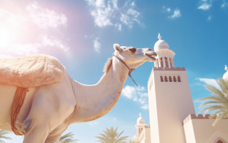 Camel on desert with mosque and palm tree sunny day 21 Illustration