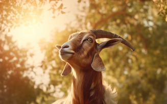 Close up of a beautiful goat with brown hair Eyes closed Trees in the desert 02