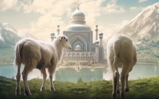 Sheep in front of mosque and mountains background 02