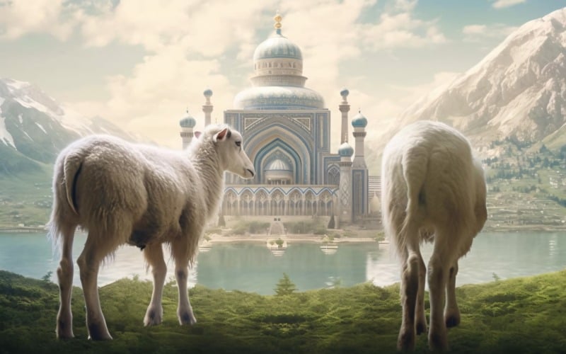 Sheep in front of mosque and mountains background 02 Illustration