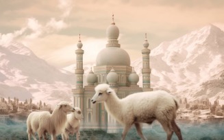 Sheep in front of mosque and mountains background 03