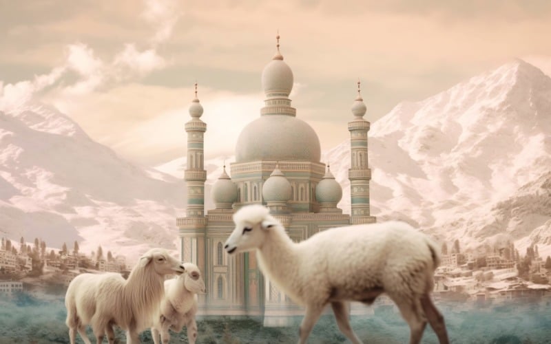 Sheep in front of mosque and mountains background 03 Illustration
