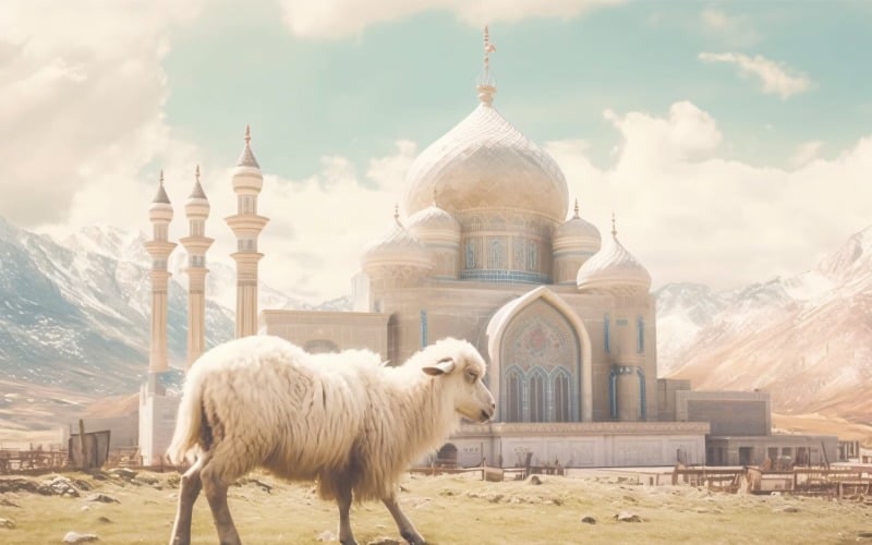 Sheep in front of mosque and mountains background 04 Illustration