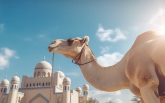 Camel on desert with mosque and palm tree sunny day 22