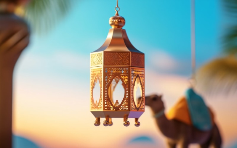 lantern Islamic art, Camel on desert with mosque 04 Illustration