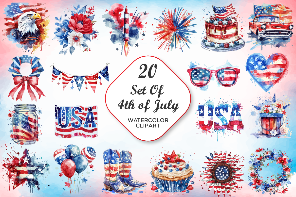 4th of July Watercolor Clipart Bundle