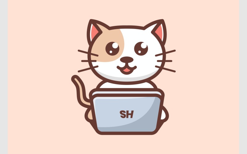 Cute Kitten Cat with Laptop Illustration Logo Template