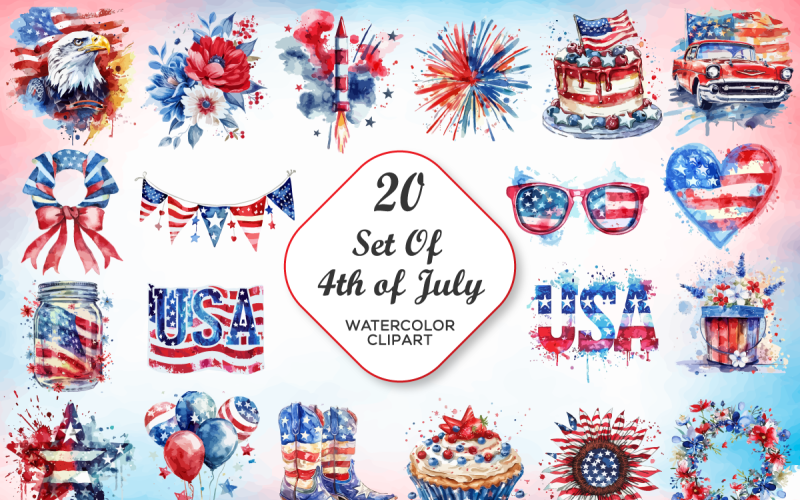 4th of July Watercolor Clipart Bundle Illustration