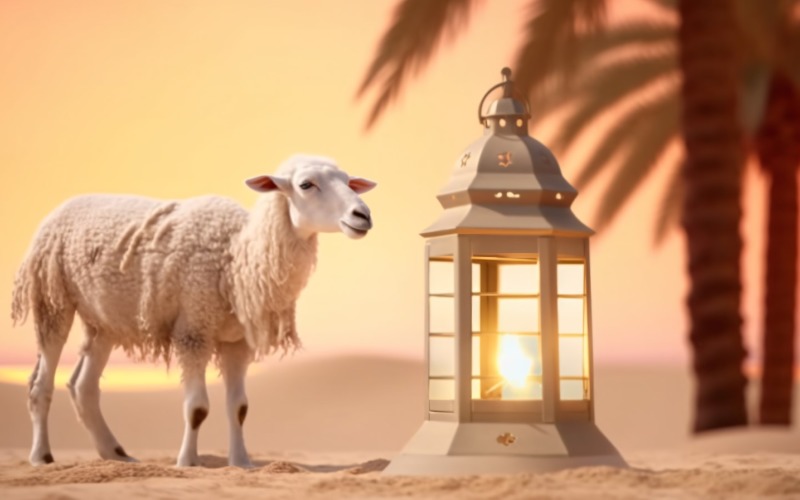 sheep on desert with lantern Islamic art in the background 02 Illustration