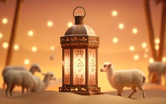 sheep on desert with lantern Islamic art in the background 07