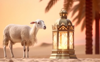 sheep on desert with lantern Islamic art in the background 03