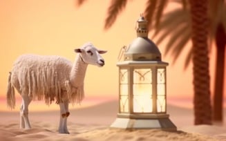sheep on desert with lantern Islamic art in the background 04