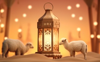 sheep on desert with lantern Islamic art in the background 05