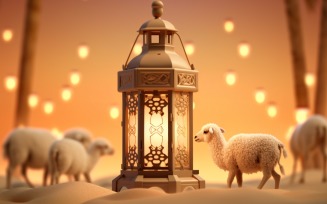 sheep on desert with lantern Islamic art in the background 06