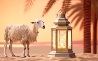 sheep on desert with lantern Islamic art in the background 08