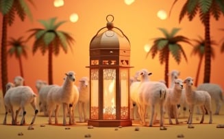 sheep on desert with lantern Islamic art in the background 11