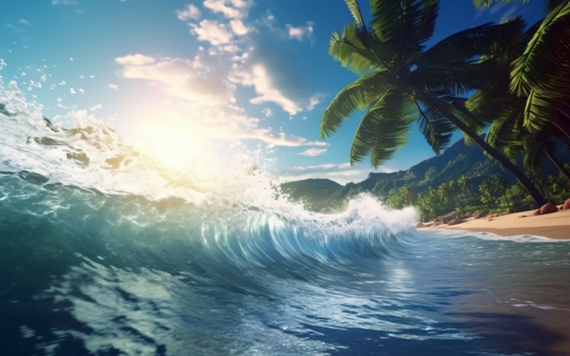 Beach scene waves surf with blue ocean sea island 049 Illustration